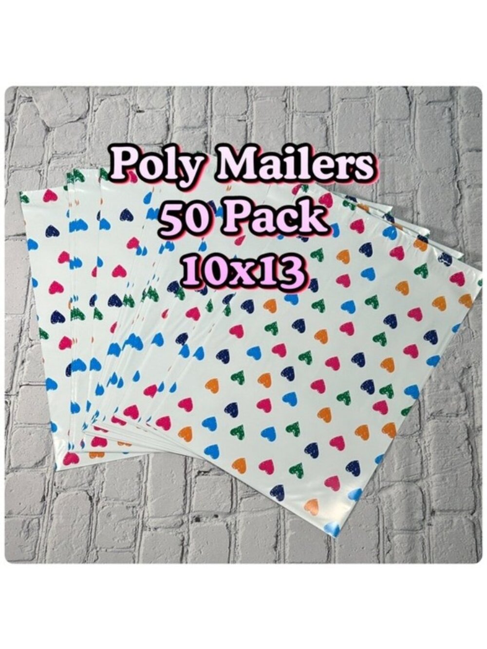 Poly Mailers 50 Pack 10x13 Colorful Hearts Design Pink Blue Orange Green